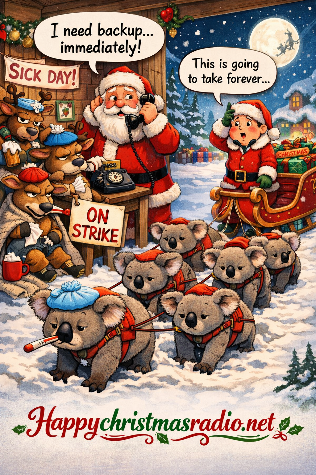 Koala bears pulling Santa's sleigh